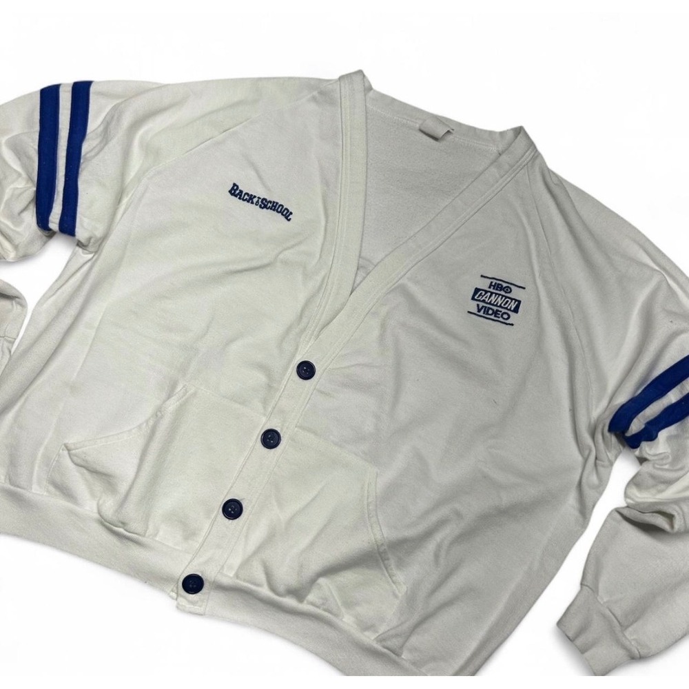 Vintage 80s HBO Cannon Video Cardigan Sweatshirt White Blue Striped Large boxy - Picture 2 of 7